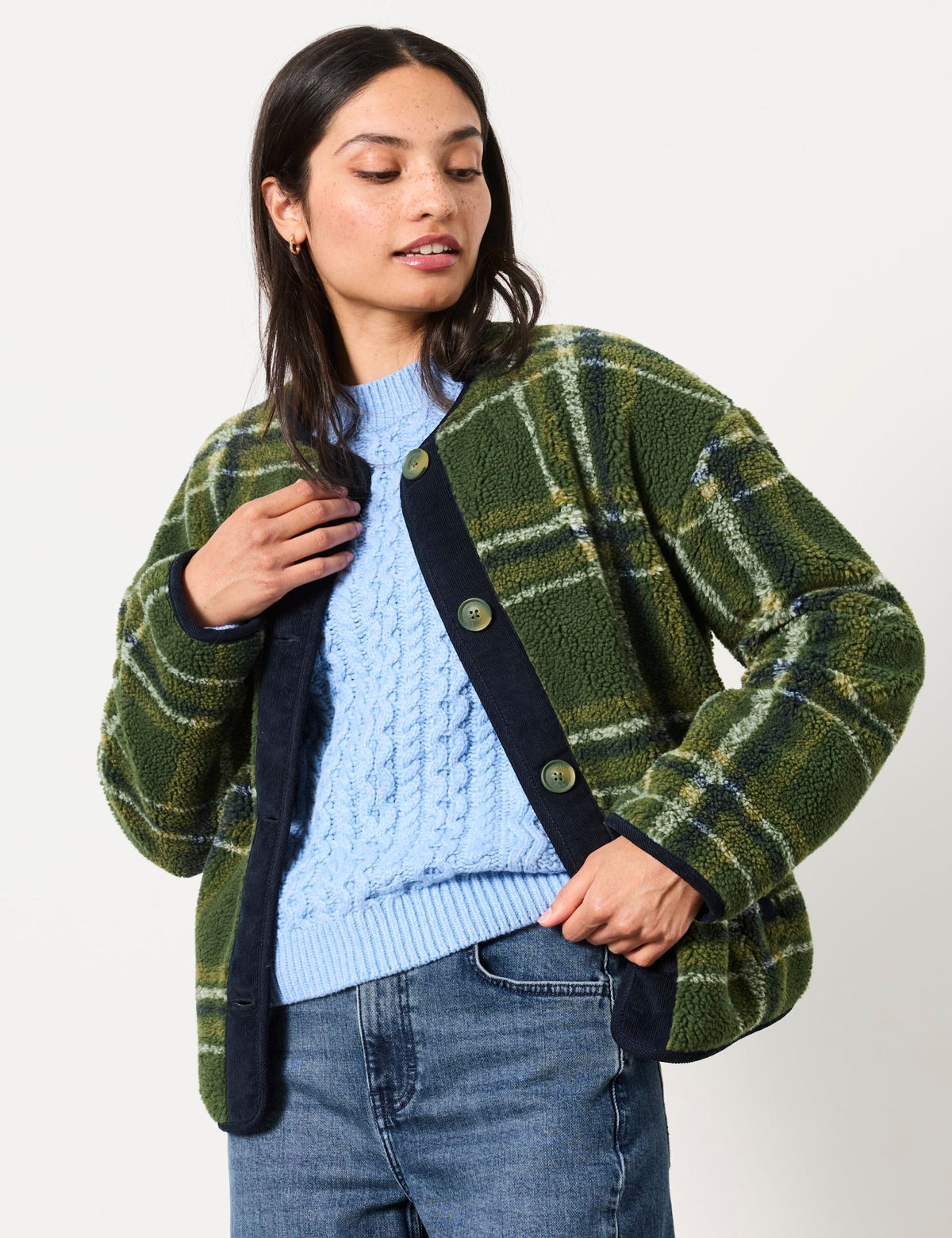 Women's Borg Jacket in Green view 3 | borg jacket | SAVINTARI