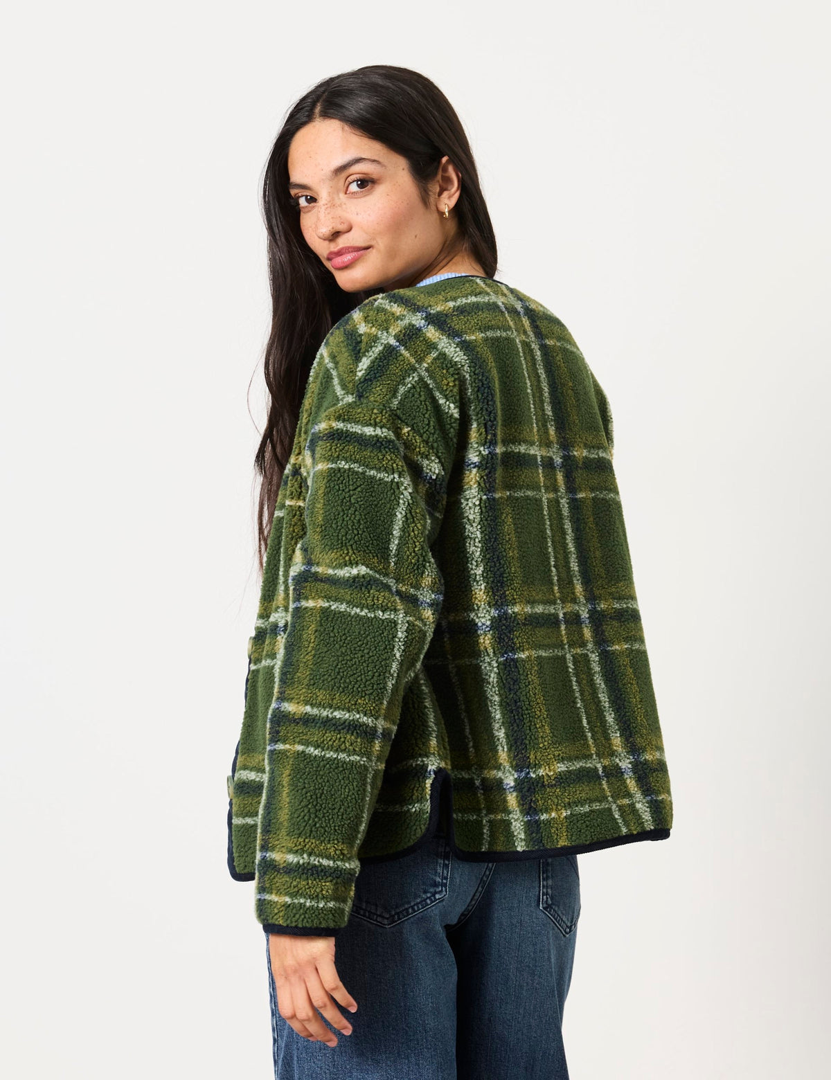Women's Borg Jacket in Green view 5 | borg jacket | SAVINTARI