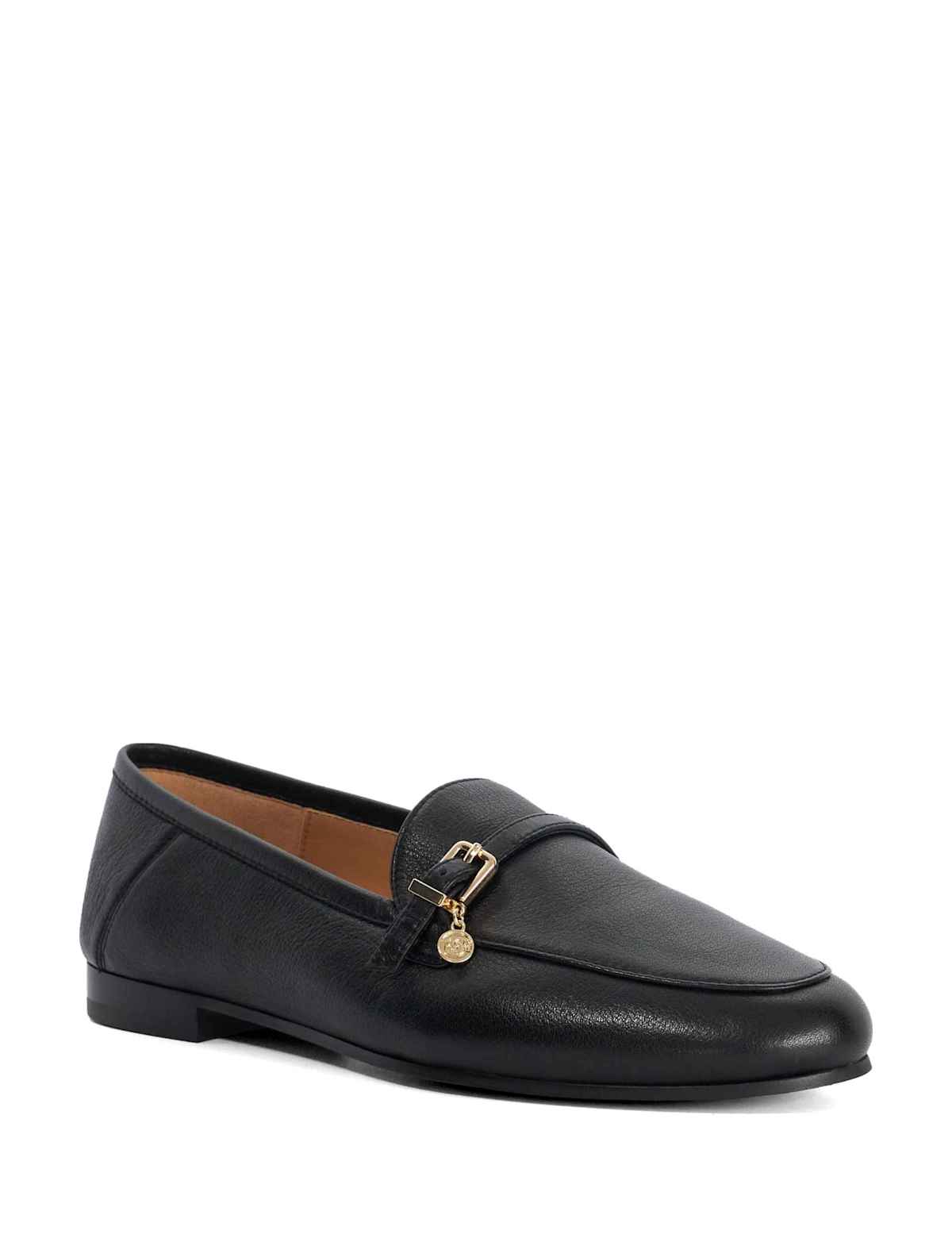 Women's Leather Buckle Slip On Flat Loafers - Black | SAVINTARI