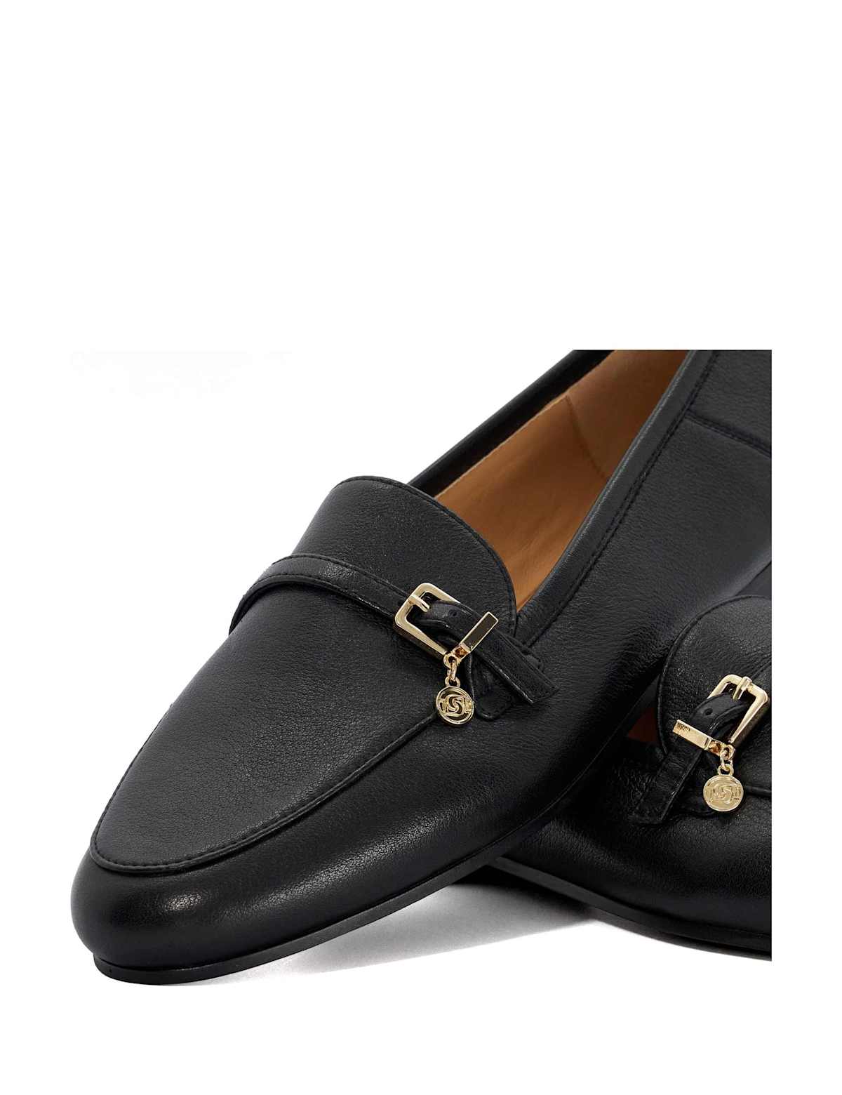 Women's Leather Buckle Slip On Flat Loafers - Black | SAVINTARI