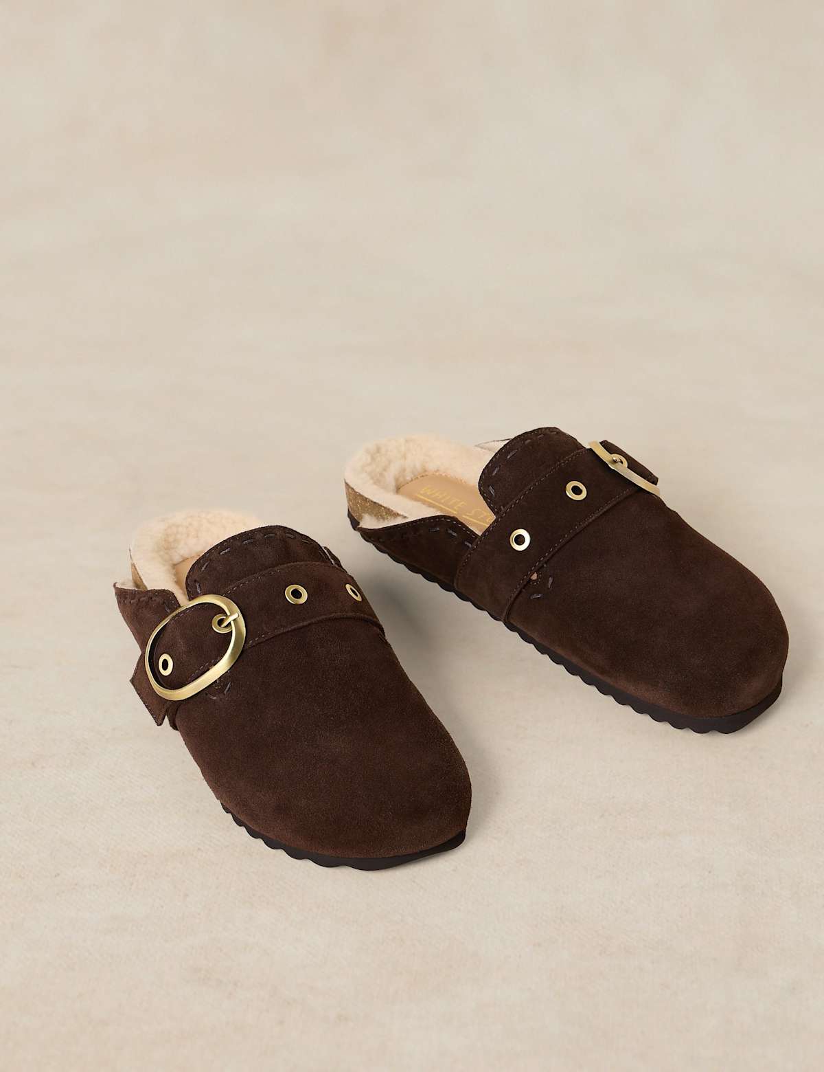 Women's Suede Faux Fur Lined Mules - Brown | sheepskin boots | SAVINTARI