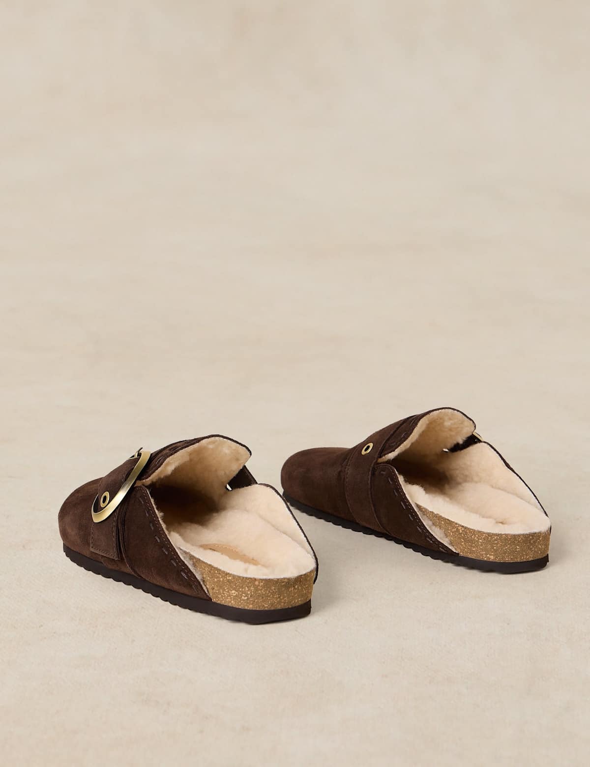 Women's Suede Faux Fur Lined Mules - Brown | sheepskin boots | SAVINTARI