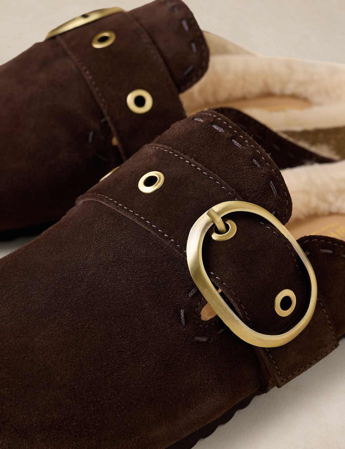 Women's Suede Faux Fur Lined Mules - Brown | sheepskin boots | SAVINTARI