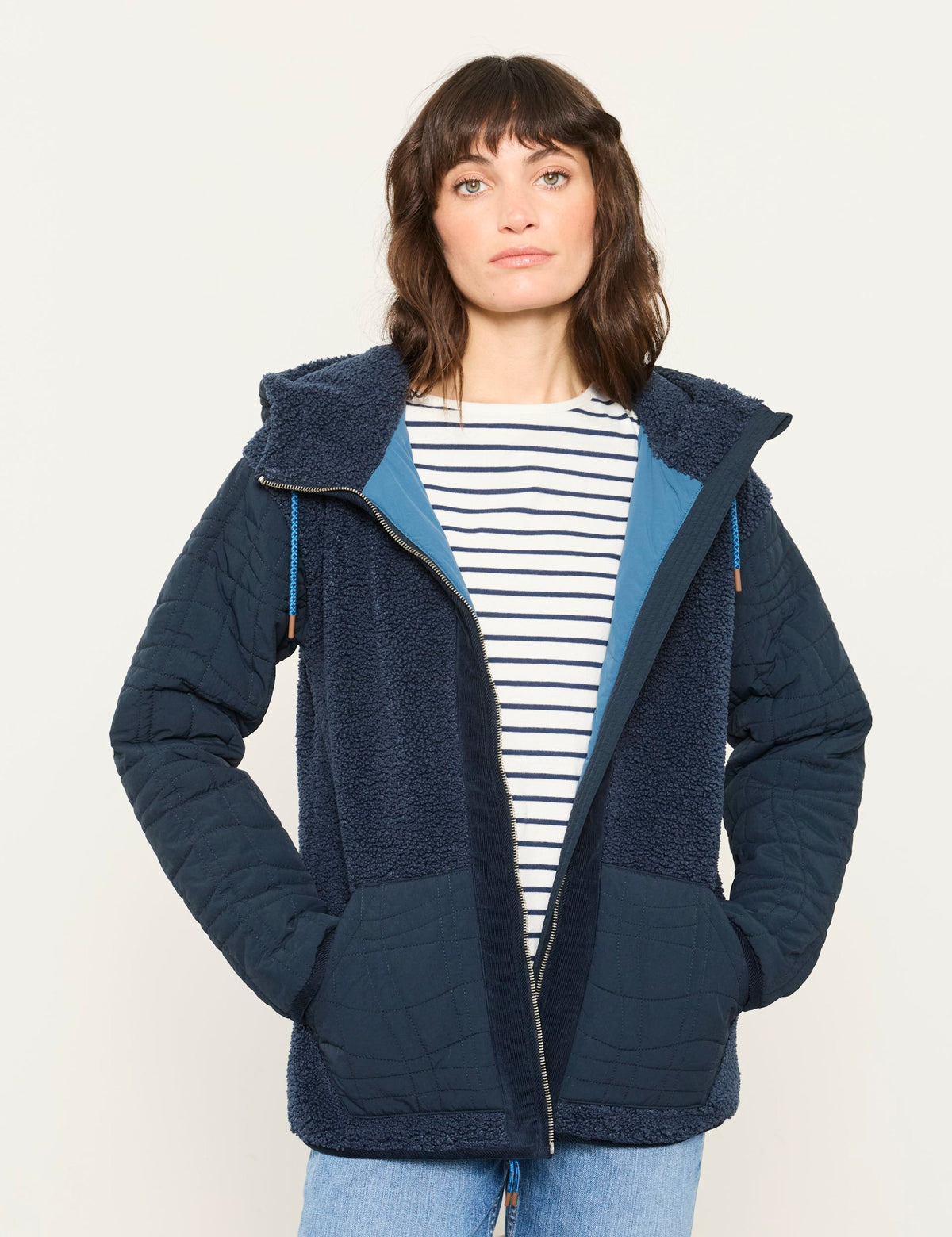 Women's Borg Jacket in Navy view 2 | borg jacket | SAVINTARI