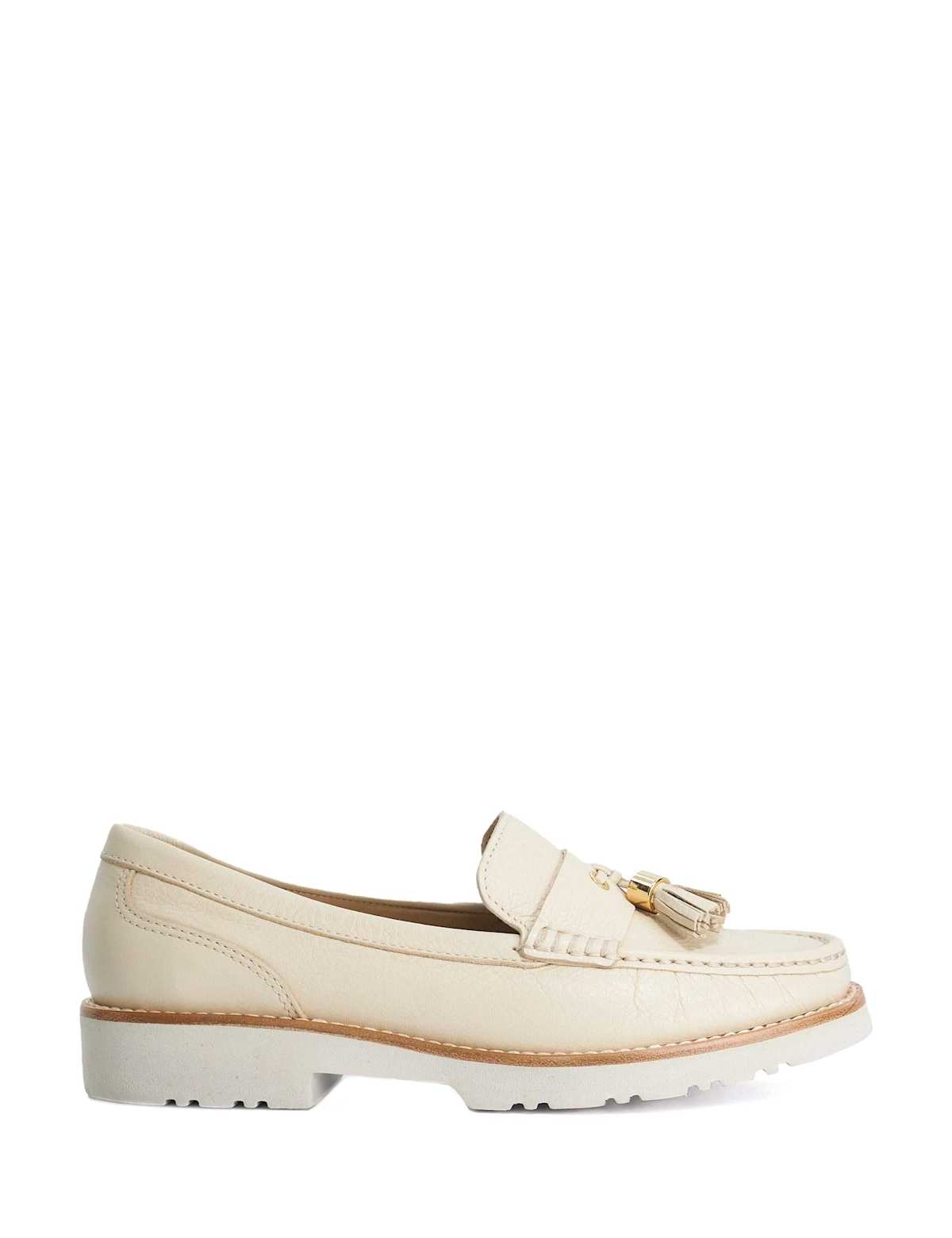 Women's Wide Fit Leather Cleated Block Heel Loafer - Ecru | SAVINTARI