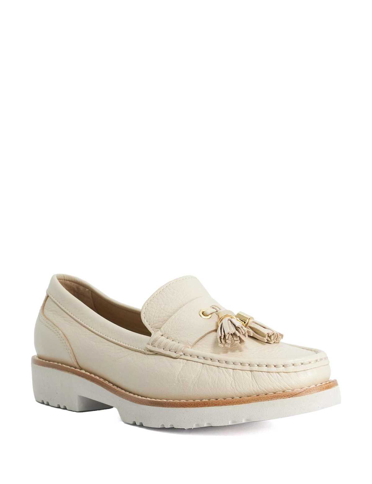 Women's Wide Fit Leather Cleated Block Heel Loafer - Ecru | SAVINTARI