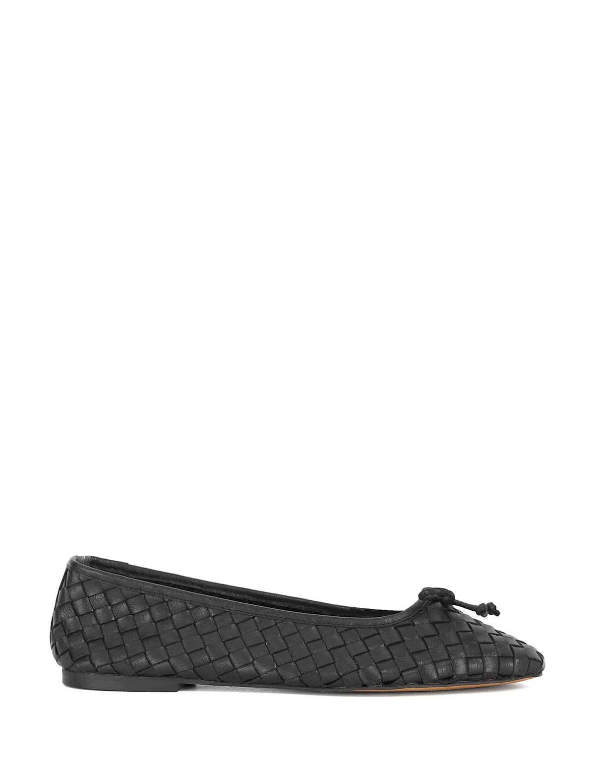 Women's Leather Woven Slip On Flat Ballet Pumps - Black | SAVINTARI