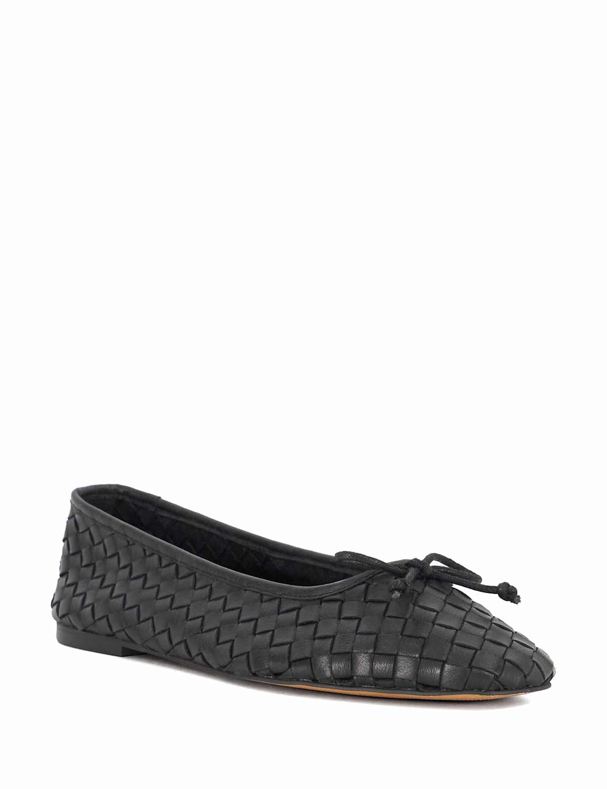 Women's Leather Woven Slip On Flat Ballet Pumps - Black | SAVINTARI