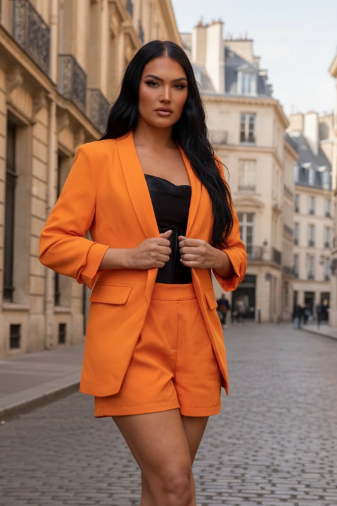 Orange Ruched Sleeve Blazer and Shorts Co Ord Set - Saha 1