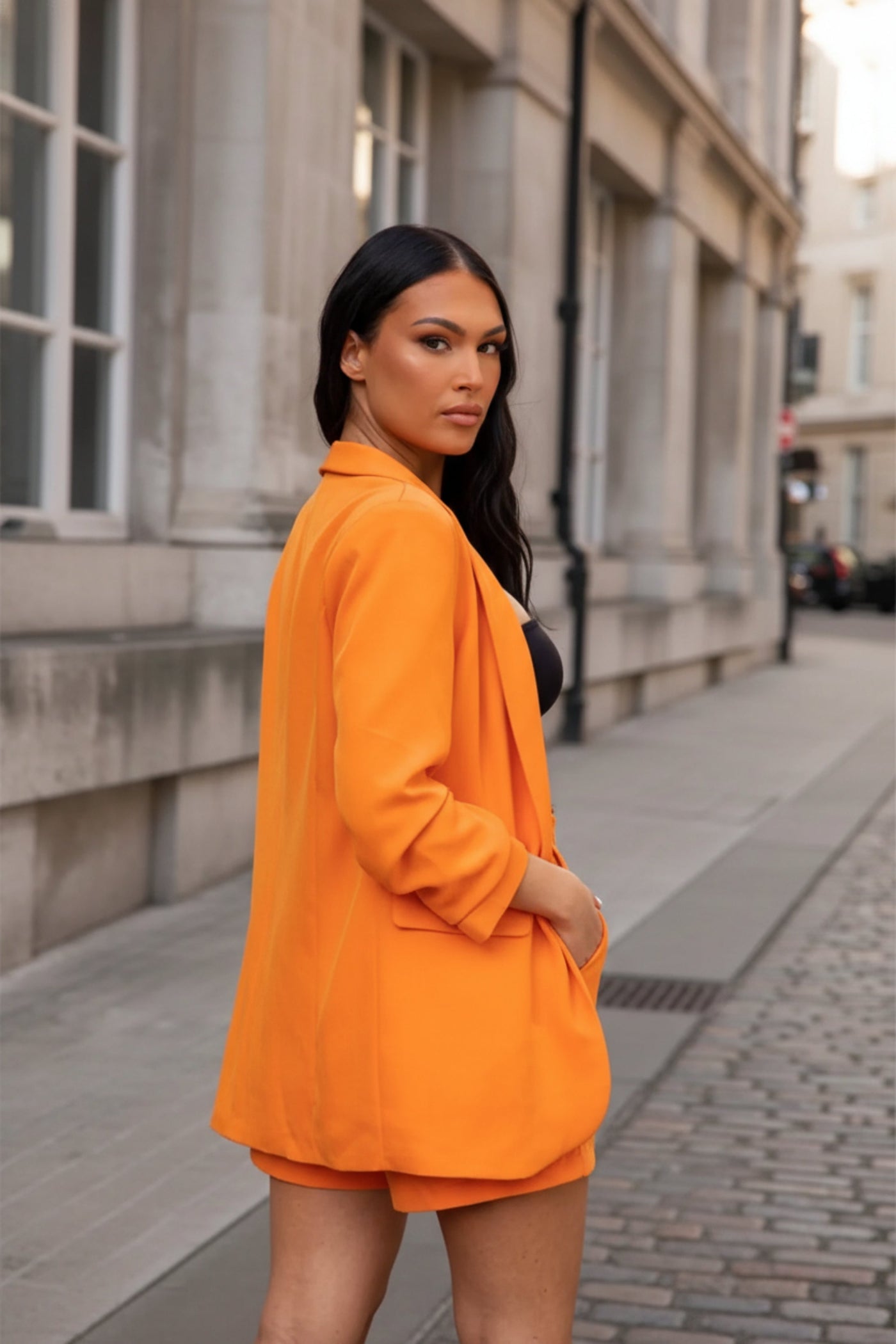 Orange Ruched Sleeve Blazer and Shorts Co Ord Set - Saha 2