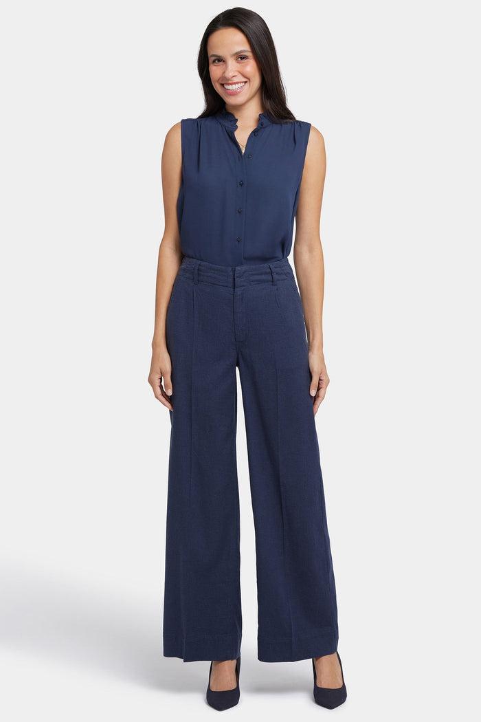 Women's Wide Leg Linen Trousers - Oxford Navy | Linen Summer-Autumn Pants | SAVINTARI