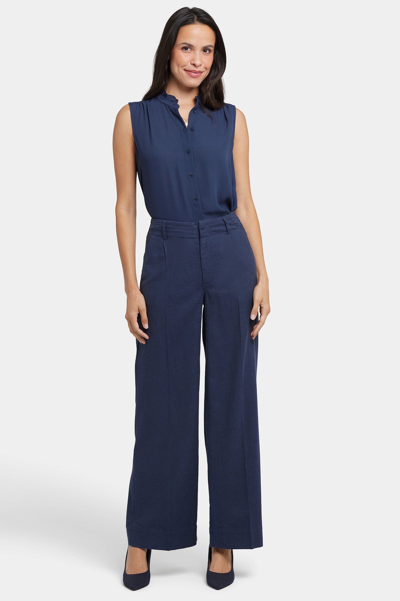Mona Wide Leg Trouser Pants In Petite - Oxford Navy - wide leg trousers