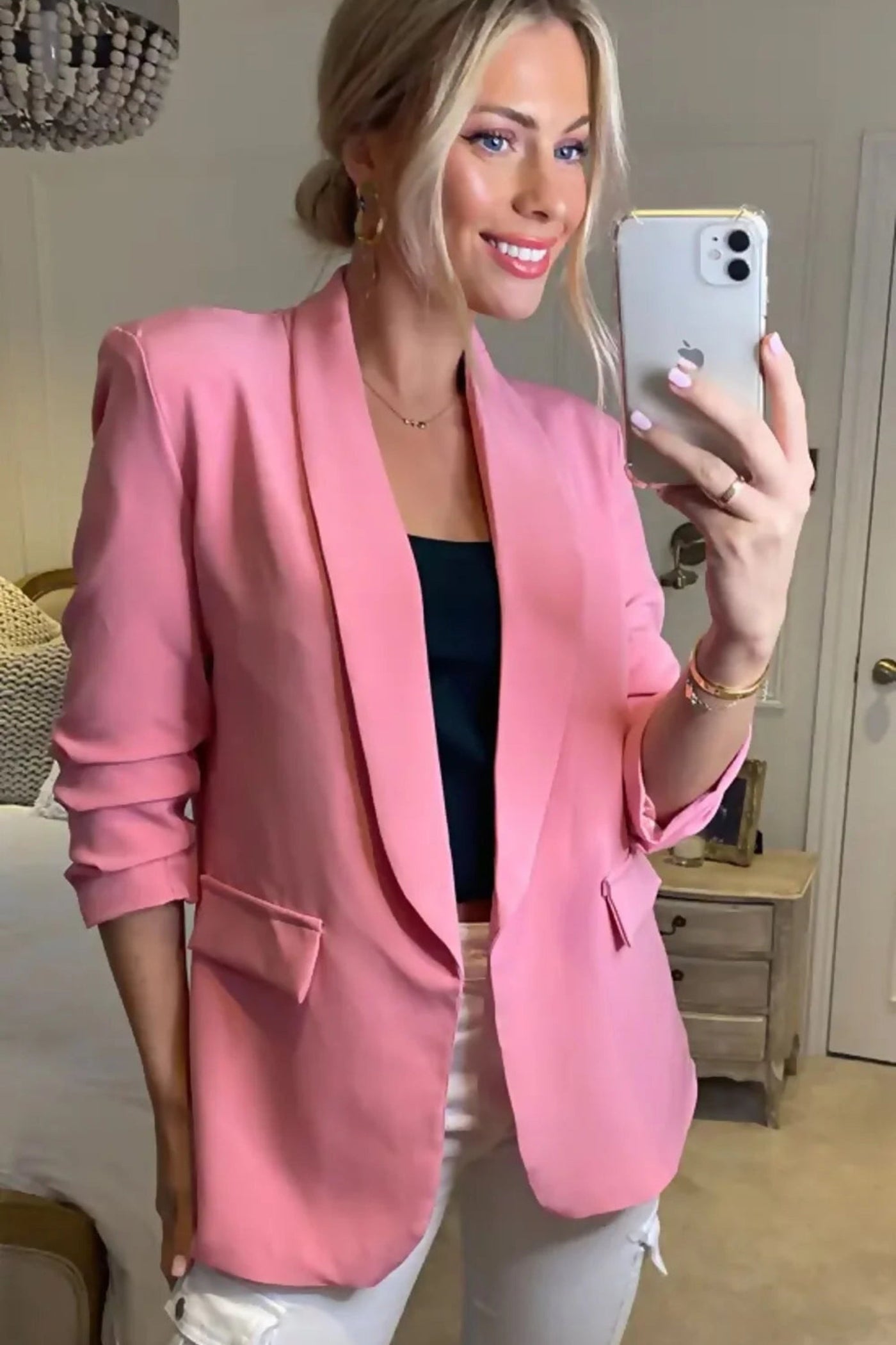 Pink Long Sleeve Pocket Blazer - Tenely 1