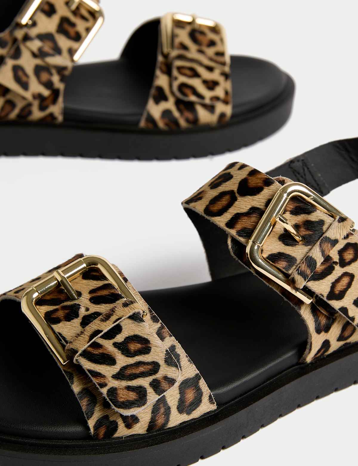 Women's Leather Leopard Print Flatform Sandals - Black | SAVINTARI