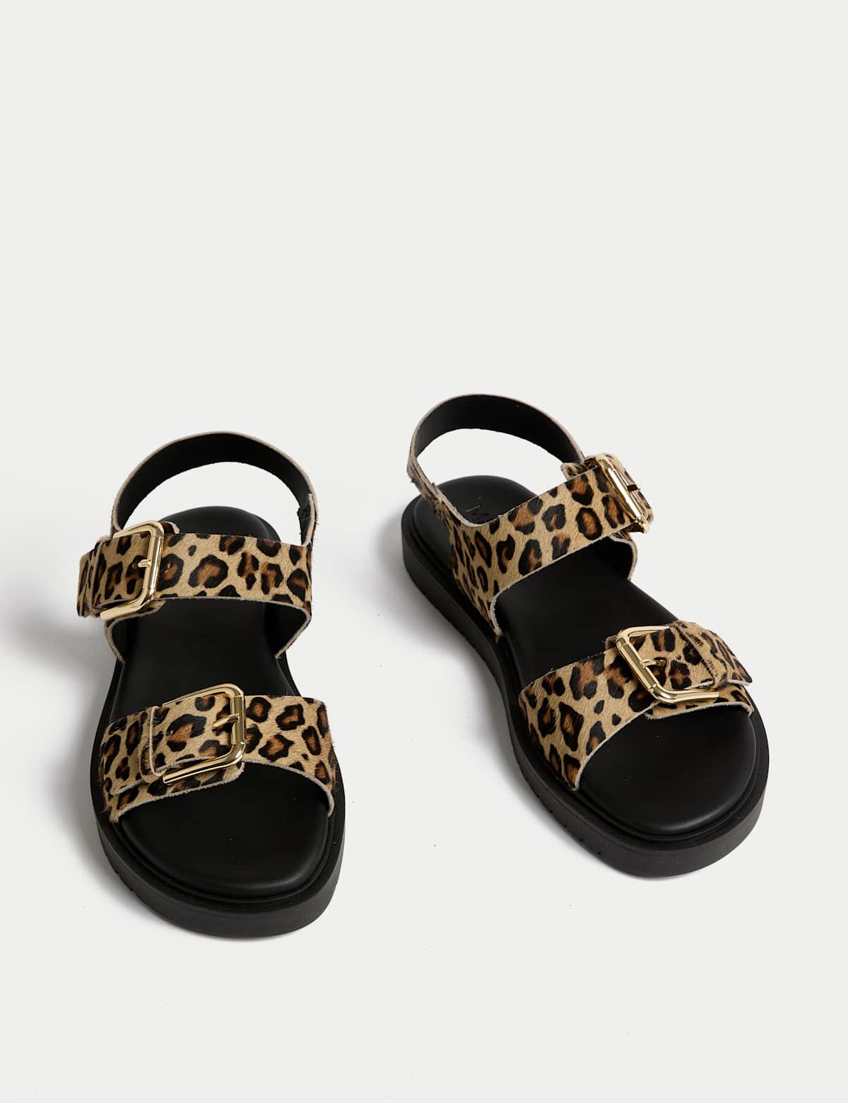 Women's Leather Leopard Print Flatform Sandals - Black | SAVINTARI