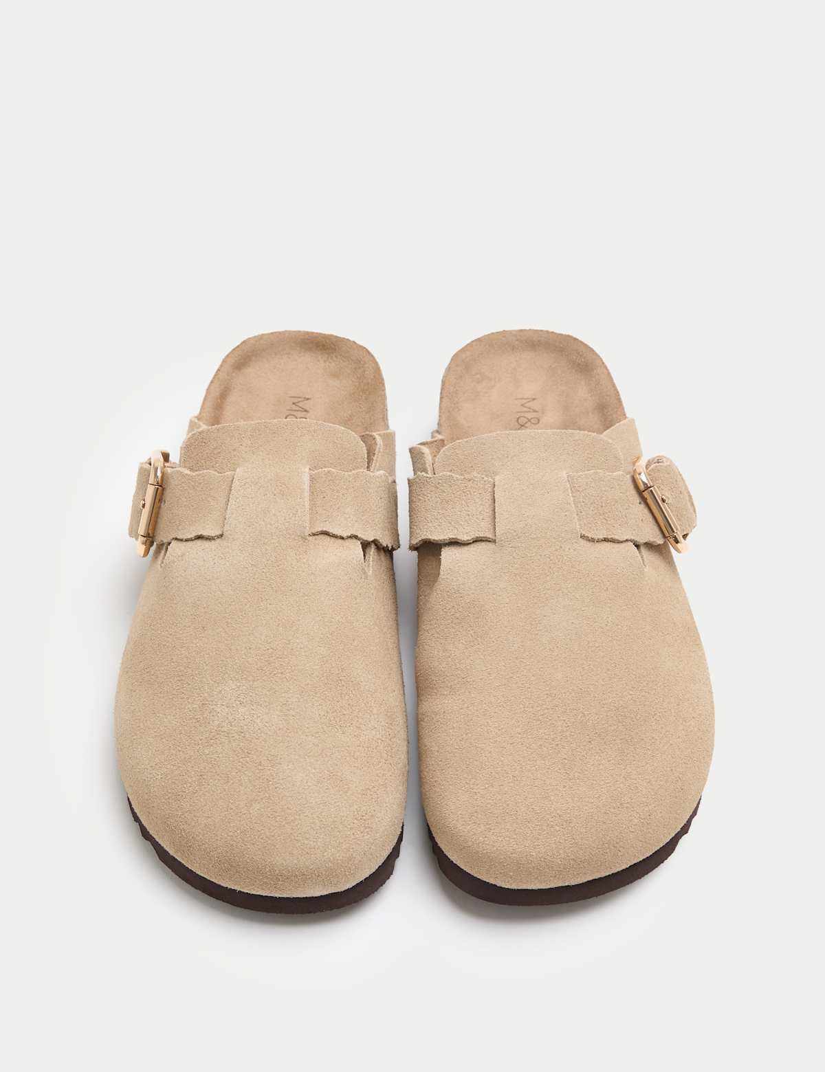 Women's Suede Scallop Edge Strap Clogs - Sand | SAVINTARI