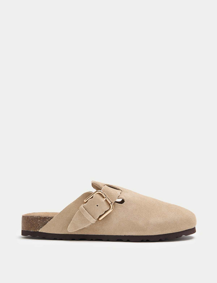 Women's Suede Scallop Edge Strap Clogs - Sand | Easy Slip-On Shoes | SAVINTARI