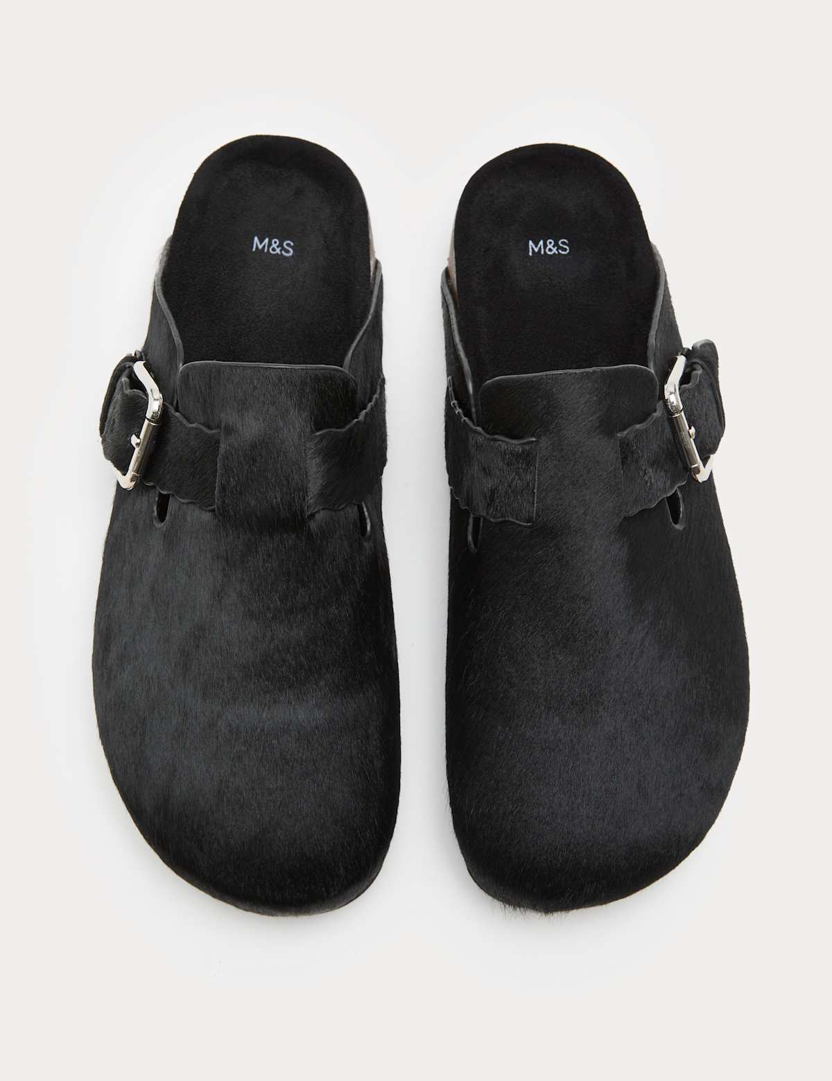 Women's Leather Hair On Scallop Edge Strap Clogs - Black | clogs | SAVINTARI