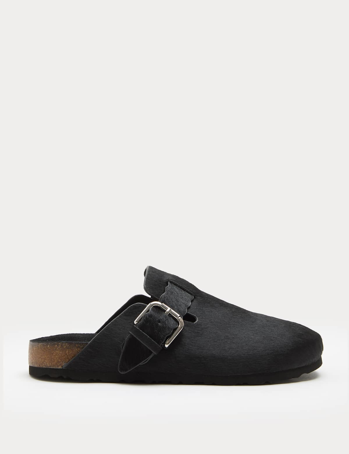 Women's Leather Hair On Scallop Edge Strap Clogs - Black | clogs | SAVINTARI