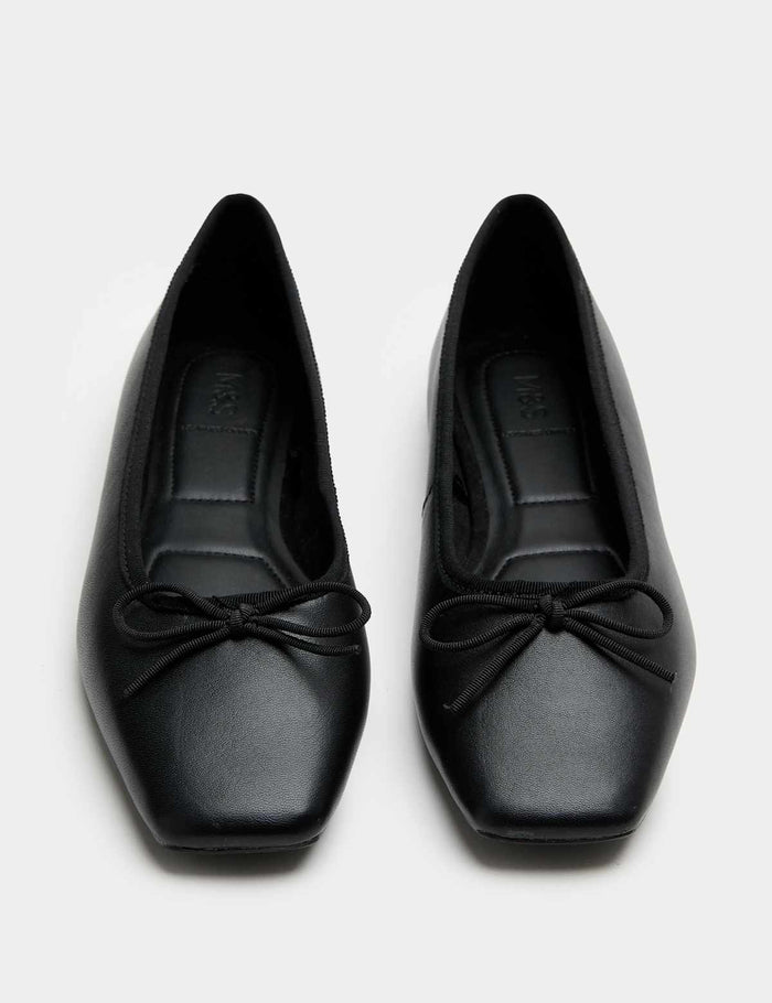 Women's Leather Bow Square Toe Flat Ballet Pumps - Black | Everyday Ballet Flats | SAVINTARI