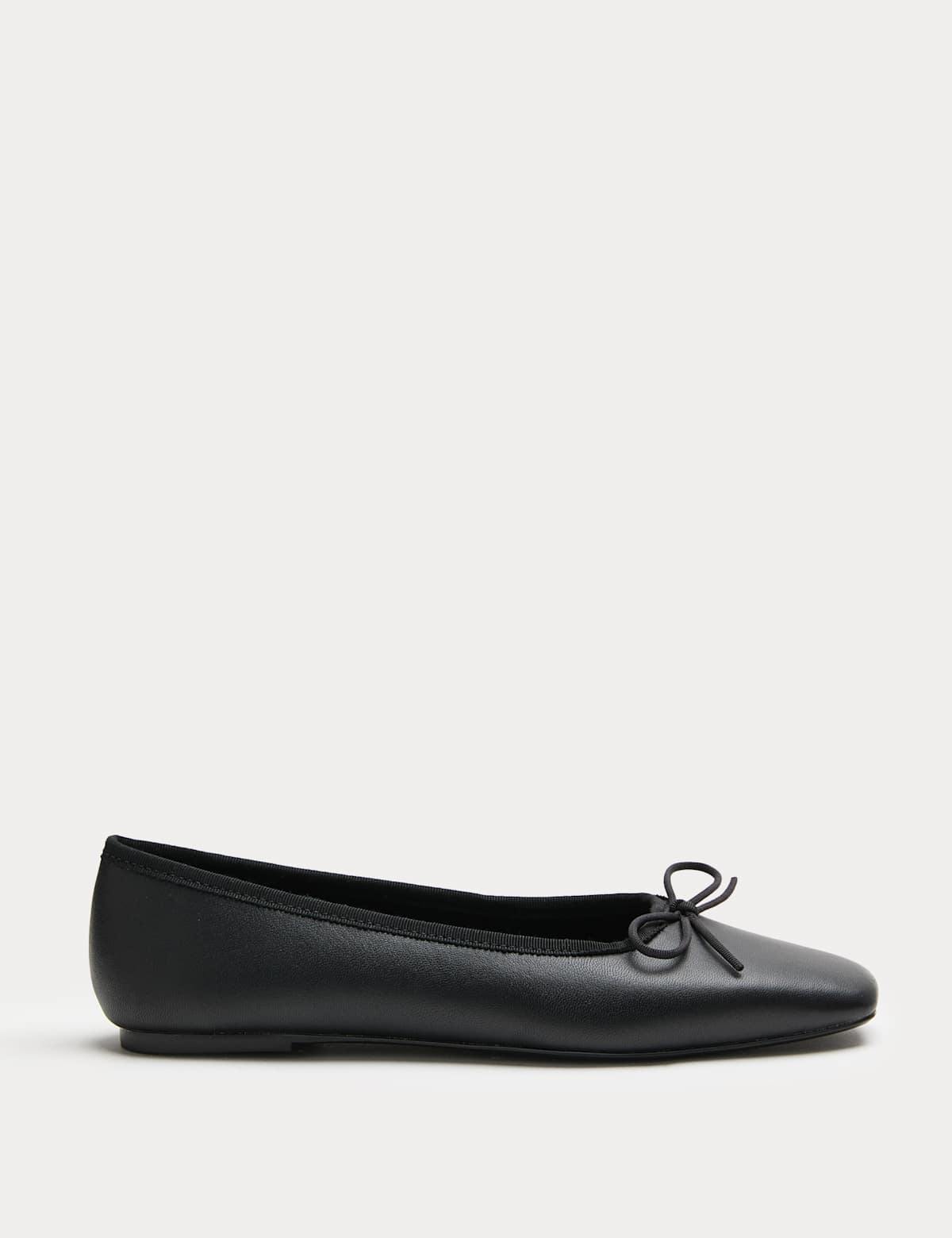 Women's Leather Bow Square Toe Flat Ballet Pumps - Black | SAVINTARI