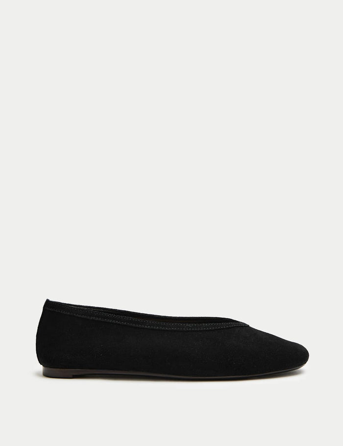 Women's Suede Flat Round Toe Ballet Pumps - Black | Everyday Ballet Flats | SAVINTARI