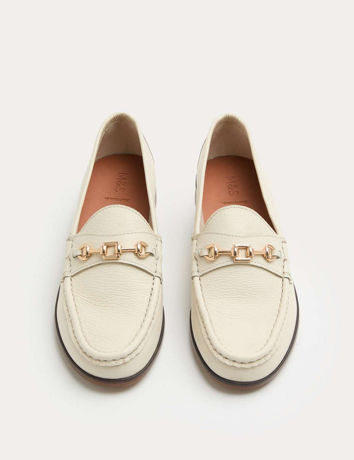 Women's Leather Trim Block Heel Loafers - Cream | Work to Weekend Loafers | SAVINTARI