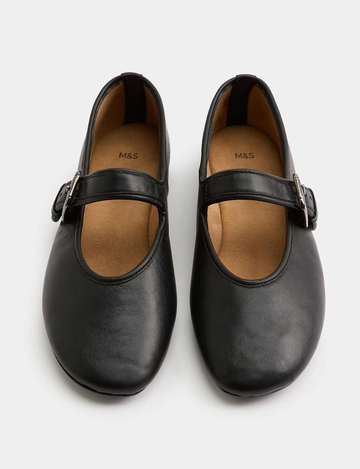 Women's Leather Mary Jane Buckle Flat Ballet Pumps - Black | SAVINTARI