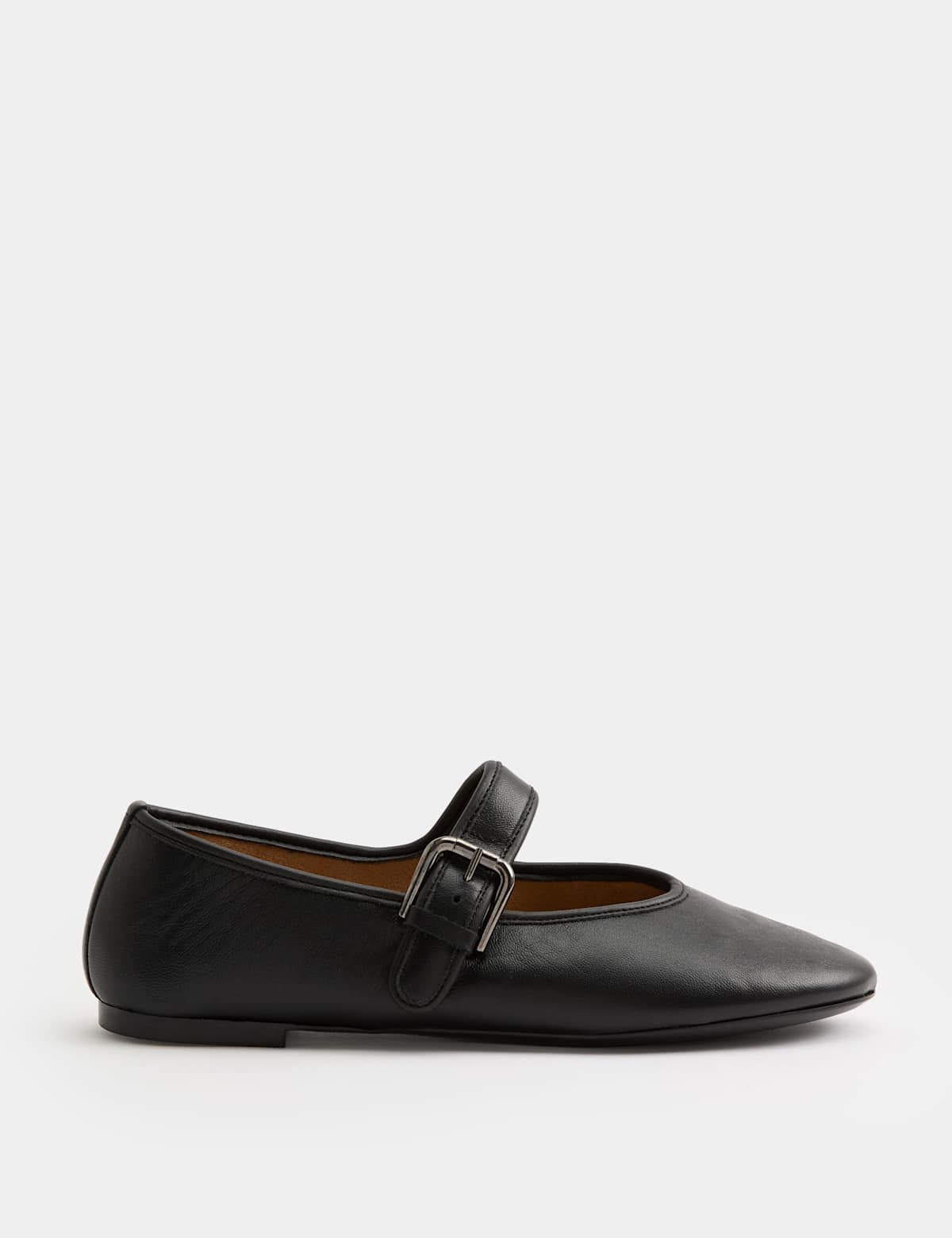 Women's Leather Mary Jane Buckle Flat Ballet Pumps - Black | SAVINTARI