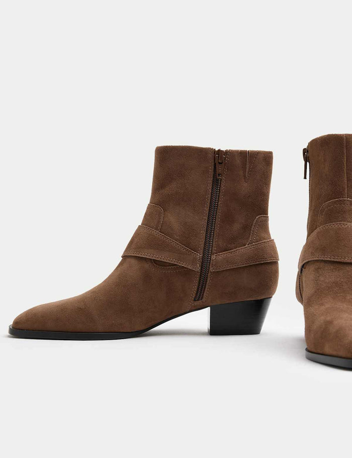 Women's Suede Harness Block Heel Pointed Ankle Boots - Black | Autumn Ankle Boots | SAVINTARI