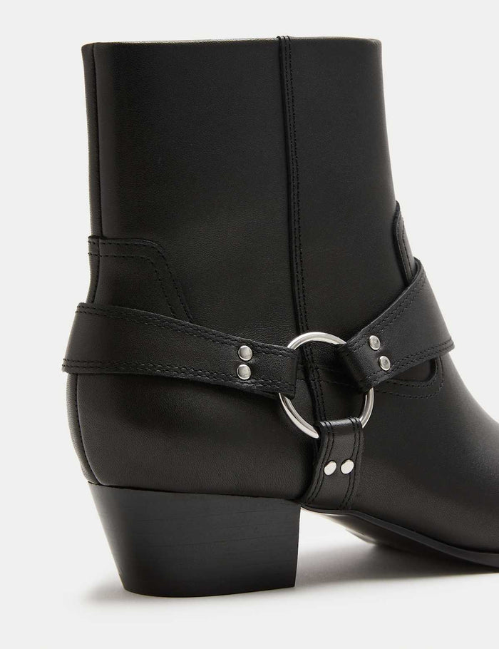 Women's Leather Harness Square Toe Ankle Boots - Black | Autumn Ankle Boots | SAVINTARI