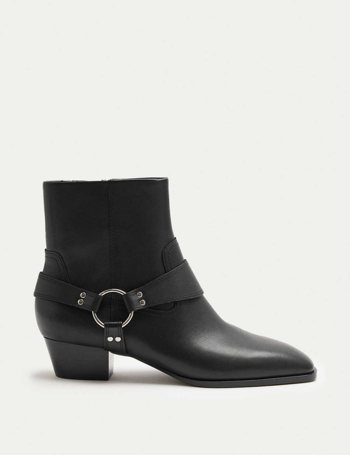 Leather Harness Square Toe Ankle Boots · Black