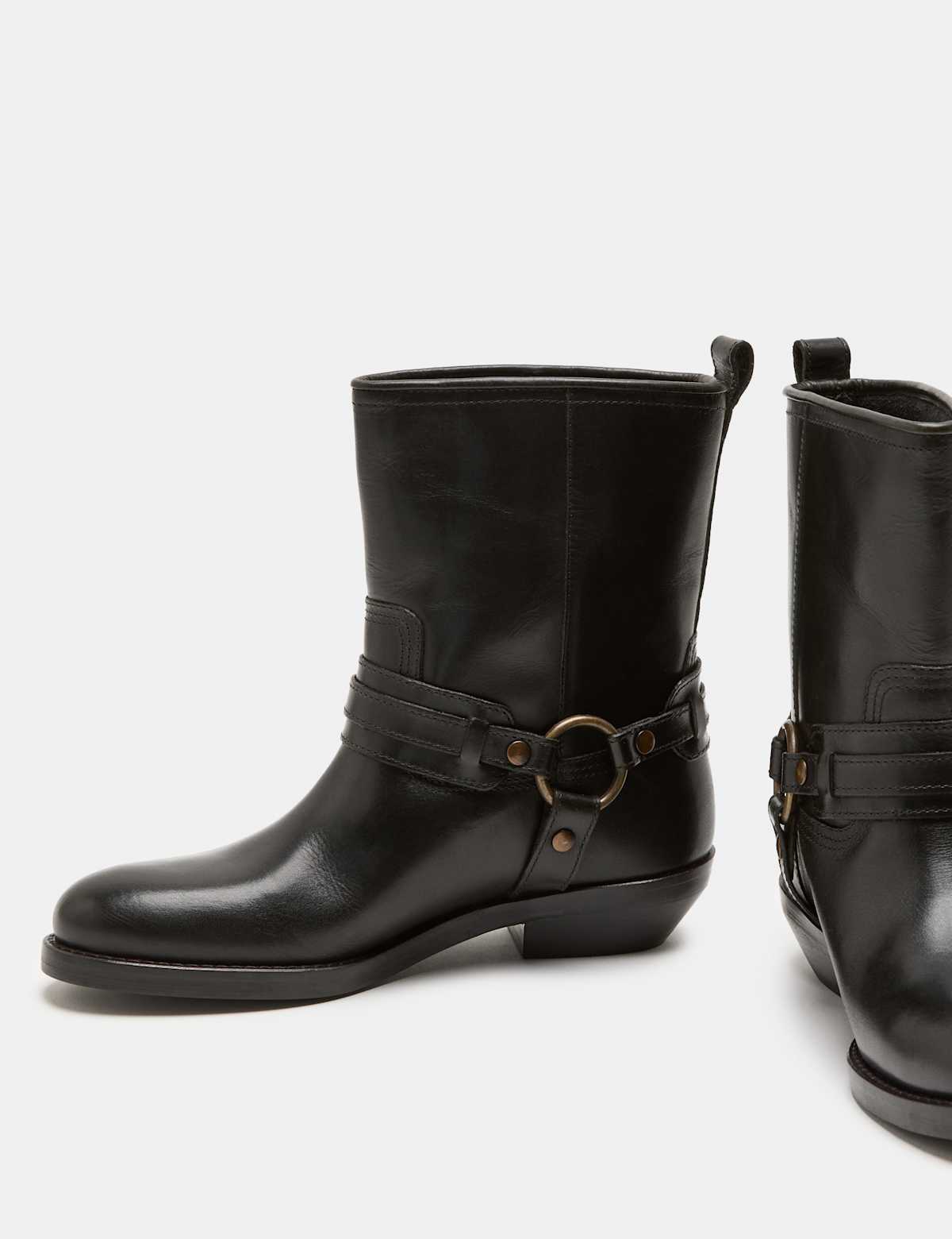 Women's Leather Cowboy Block Heel Mid Calf Boots - Black | SAVINTARI