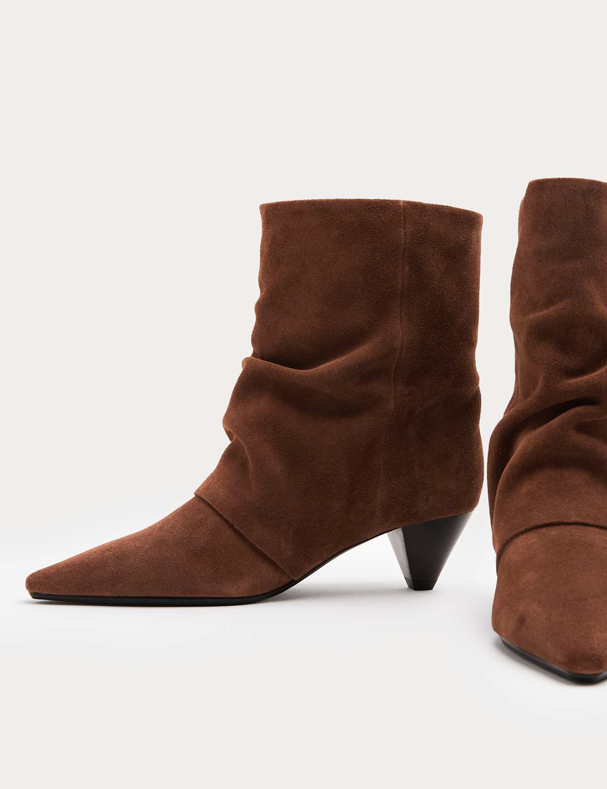 Women's Suede Slouchy Cone Heel Pointed Ankle Boots - Dark Tan | SAVINTARI