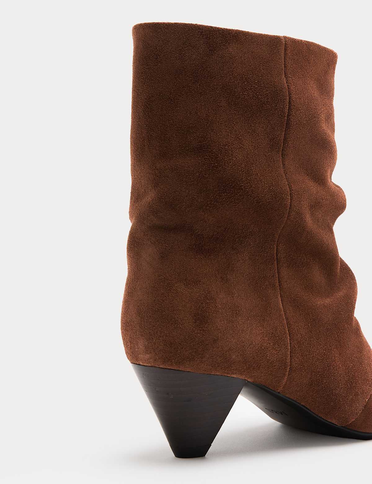 Women's Suede Slouchy Cone Heel Pointed Ankle Boots - Dark Tan | SAVINTARI