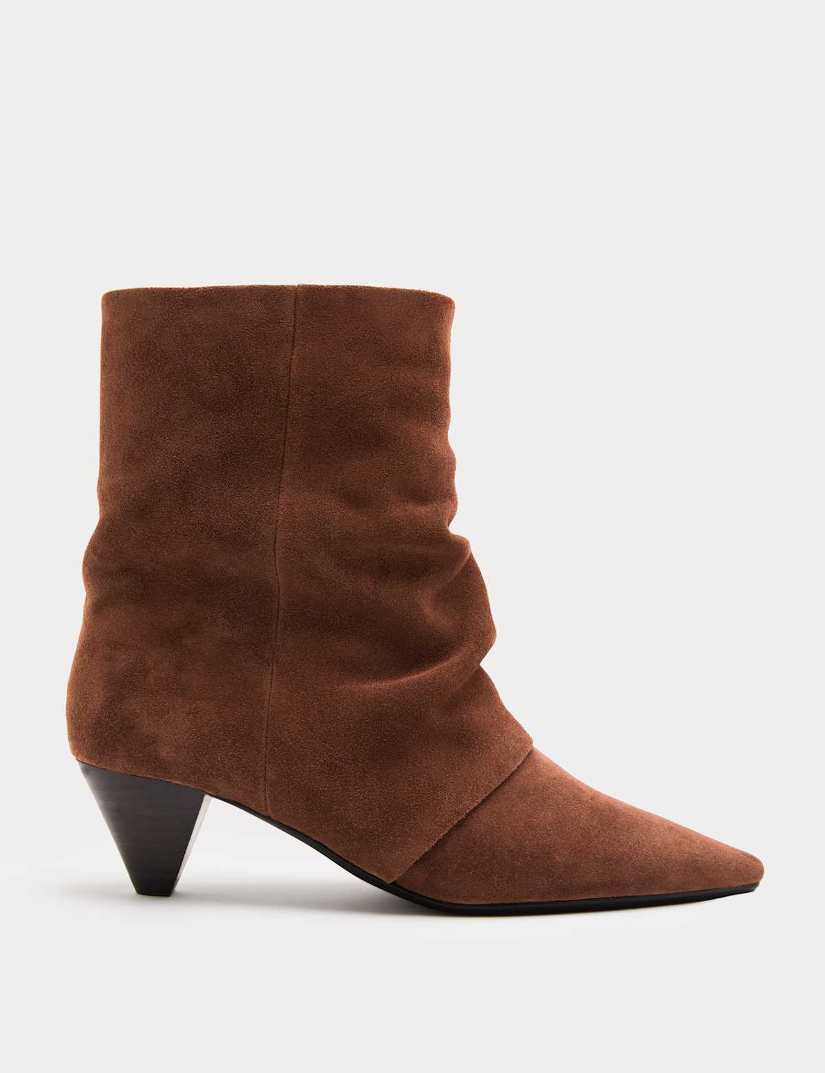 Women's Suede Slouchy Cone Heel Pointed Ankle Boots - Dark Tan | SAVINTARI