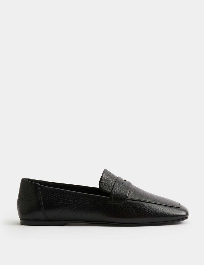 Women's Leather Flat Square Toe Loafers - Black | Work to Weekend Loafers | SAVINTARI