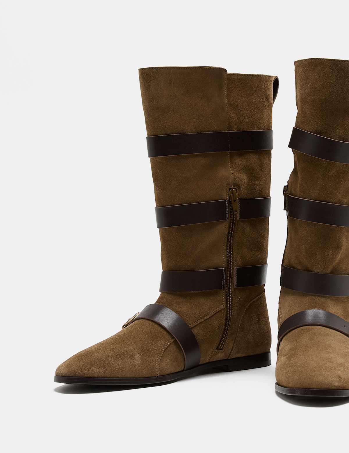 Women's Suede Buckle Strap Mid Calf Flat Boots - Khaki | SAVINTARI