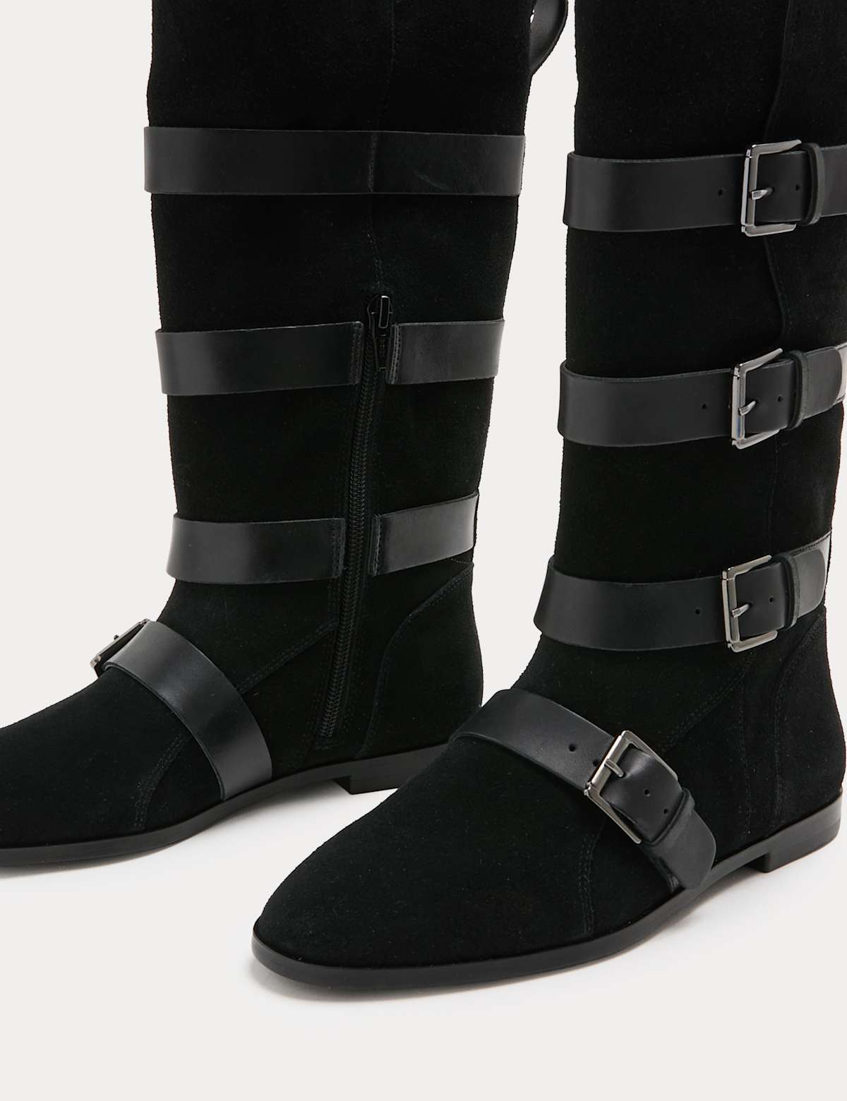 Women's Suede Buckle Strap Mid Calf Flat Boots - Khaki | SAVINTARI