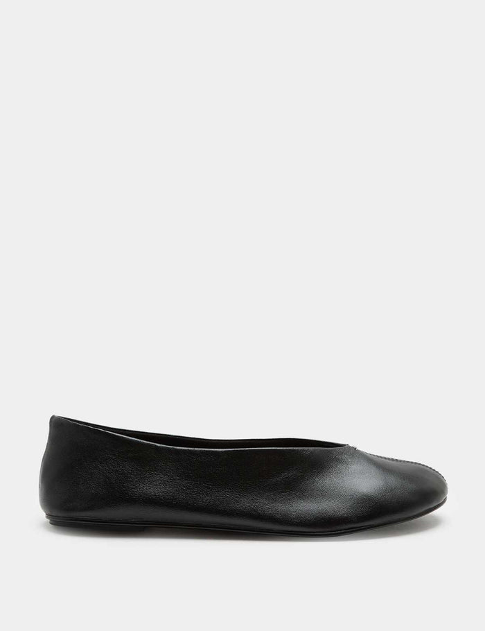 Leather Metallic Round Toe Ballet Pumps · Black