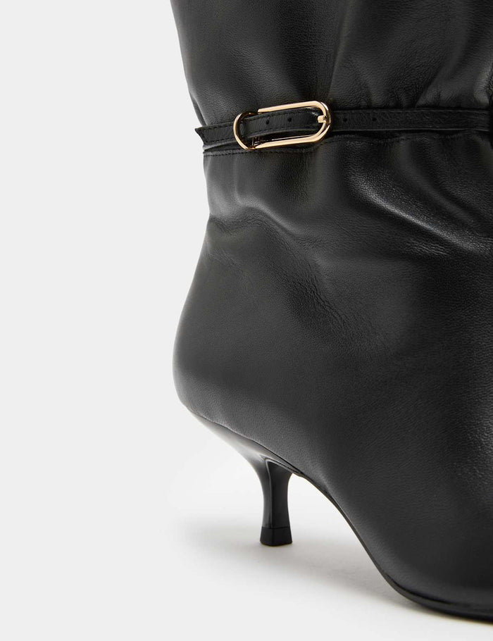 Women's Leather Buckle Ruched Kitten Heel Boots - Black | Season Boots Edit | SAVINTARI