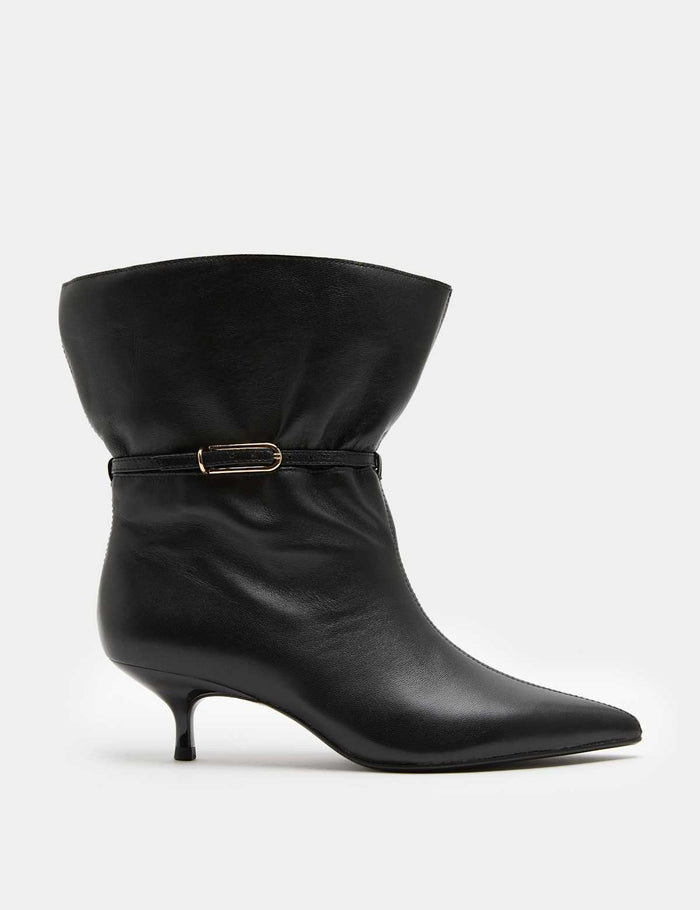 Leather Buckle Ruched Kitten Heel Boots · Black