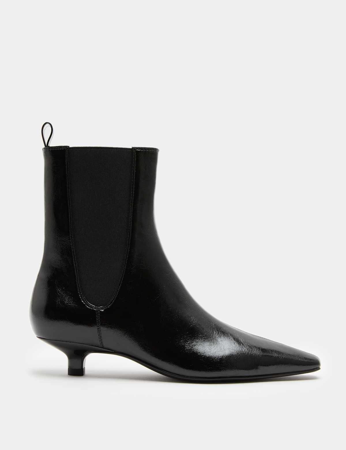 Women's Patent Chelsea Kitten Heel Pointed Ankle Boots - Black | SAVINTARI