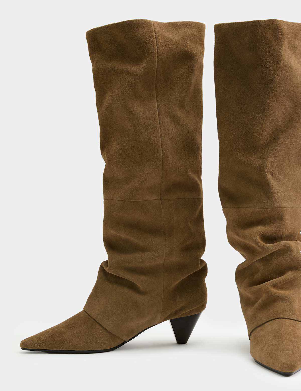 Women's Suede Slouchy Kitten Heel Knee High Boots - Khaki | SAVINTARI