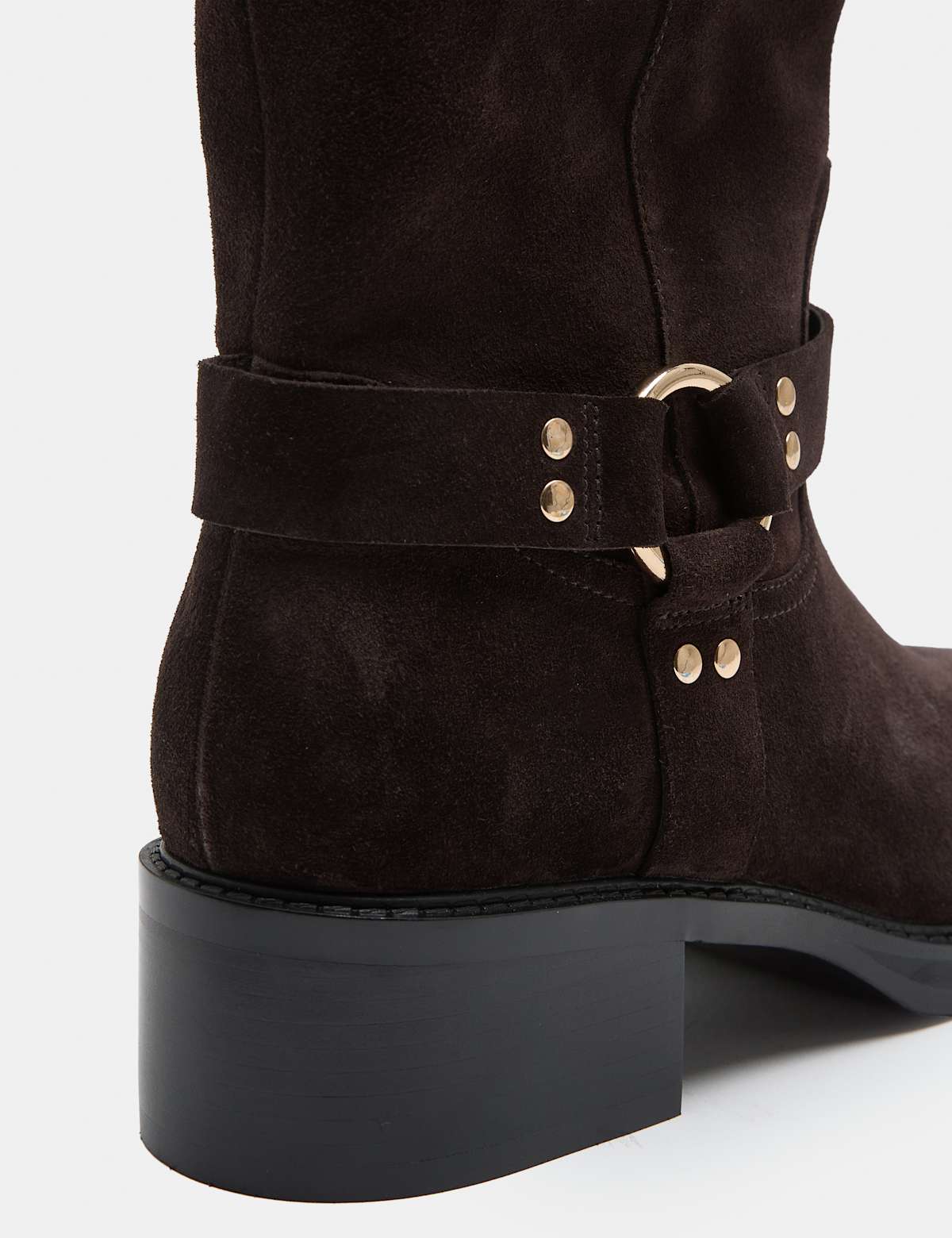 Women's Suede Biker Block Heel Mid Calf Boots - Brown | biker boots | SAVINTARI