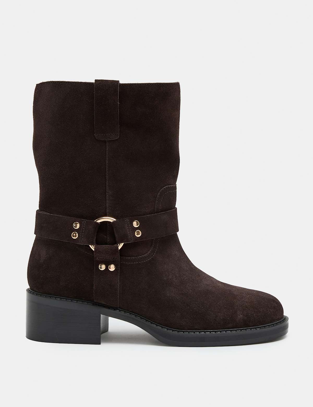 Women's Suede Biker Block Heel Mid Calf Boots - Brown | biker boots | SAVINTARI