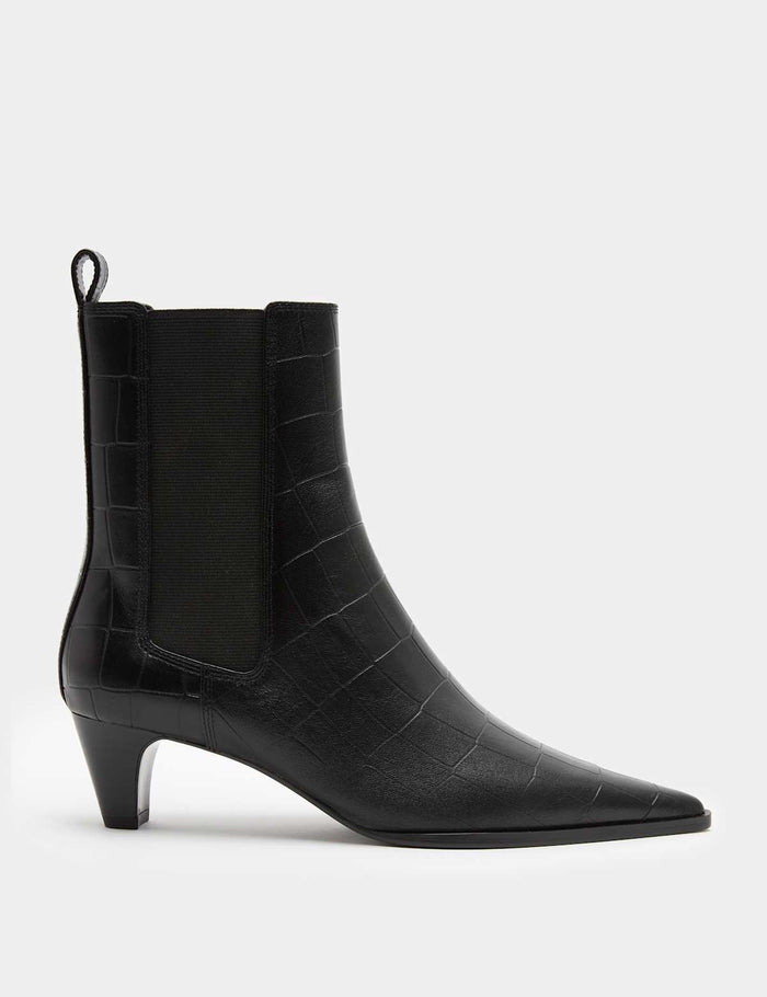 Women's Leather Croc Chelsea Block Heel Ankle Boots - Black | Autumn Ankle Boots | SAVINTARI