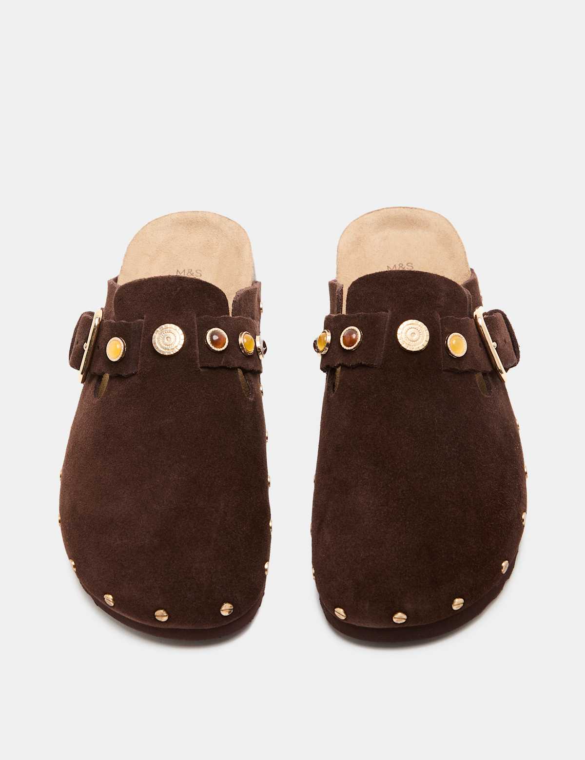 Women's Suede Studded Flat Clogs - Brown | clogs | SAVINTARI