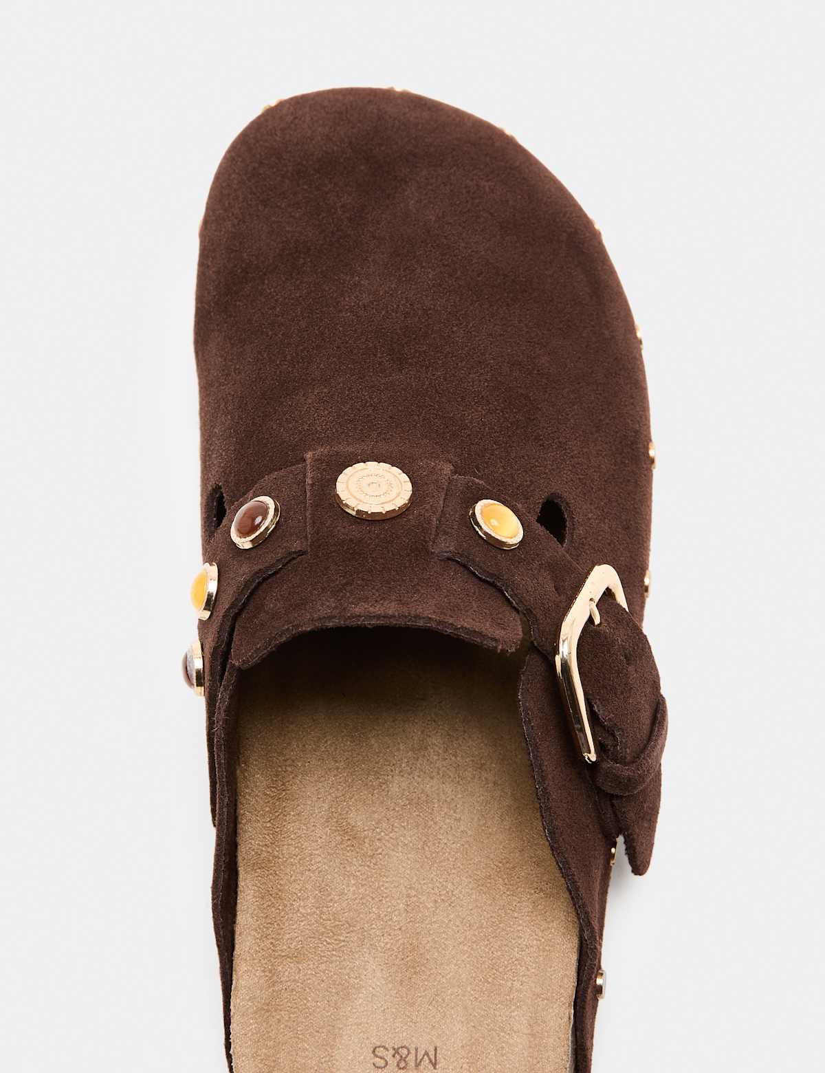 Women's Suede Studded Flat Clogs - Brown | clogs | SAVINTARI