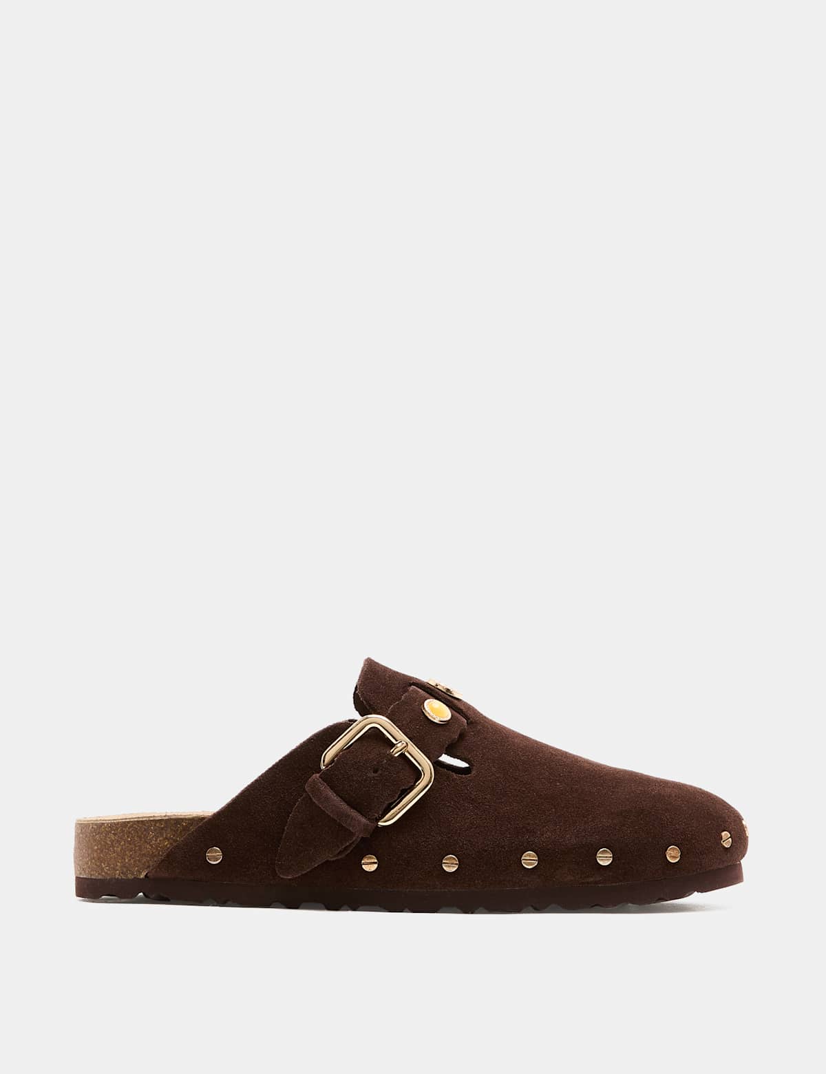 Women's Suede Studded Flat Clogs - Brown | clogs | SAVINTARI